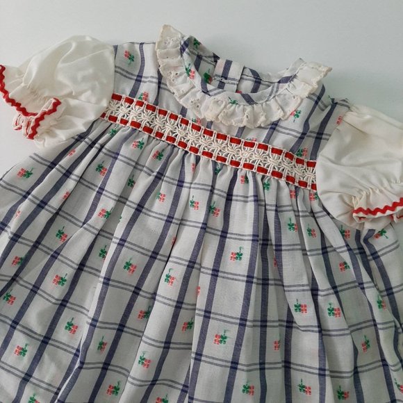 Vtg Blue Embroidered RW&B Picnic Plaid Dress Summer Playsuit w Matching Hat - Picture 2 of 10